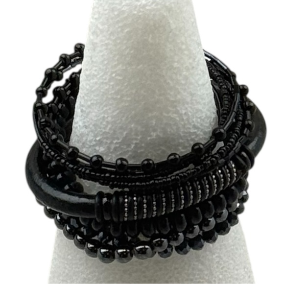 Custom Variety Pack Jewelry - Black Beaded Bracelet Set Mixed Media Stretch Faux Leather Layered